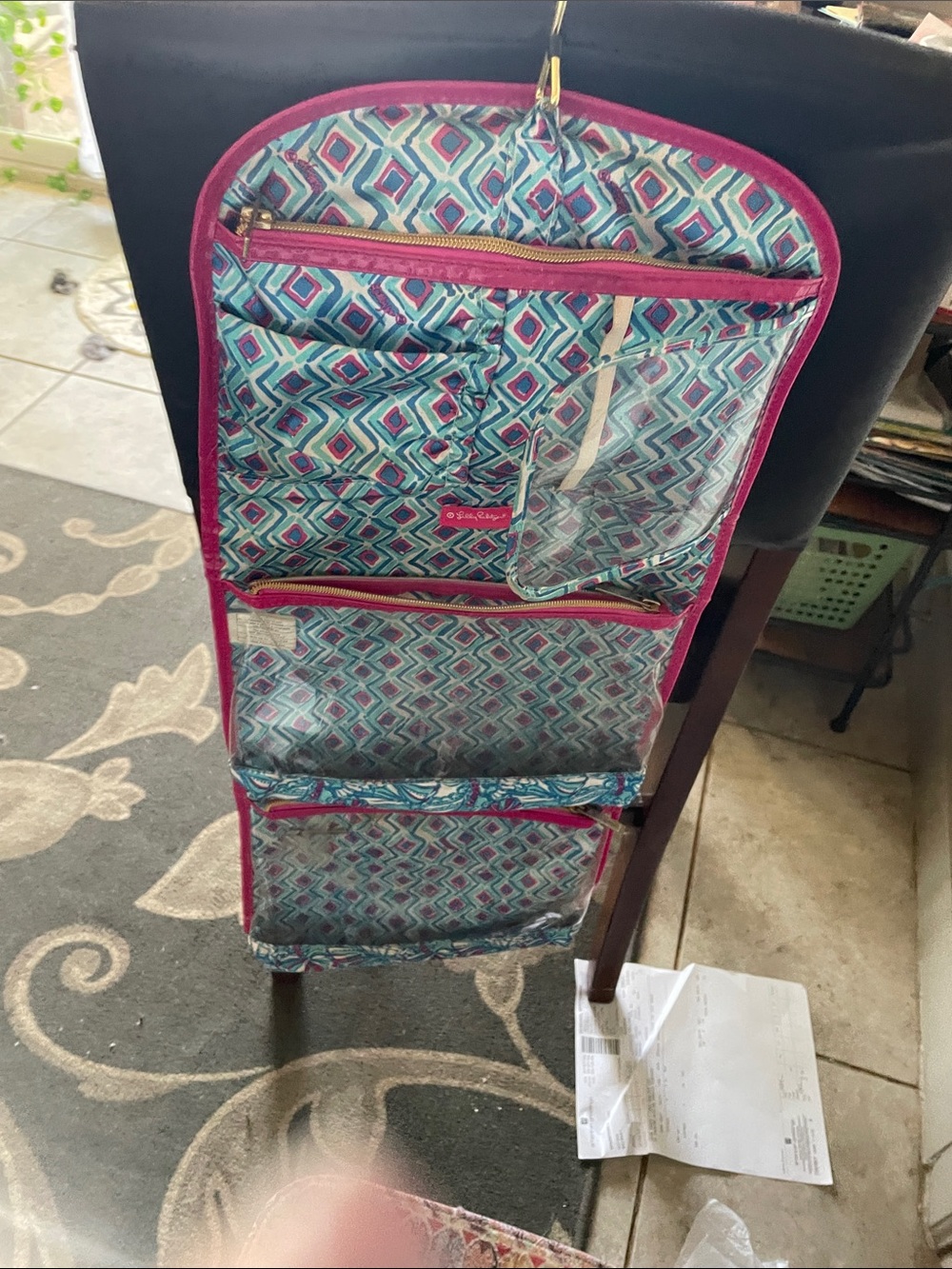 Lilly Pulitzer Teal Geometric Hanging Organizer with Pink Trim